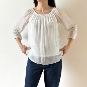 Made in Italy Silk & Viscose Scallop Sheer Ethereal Blouse with crochet detail
